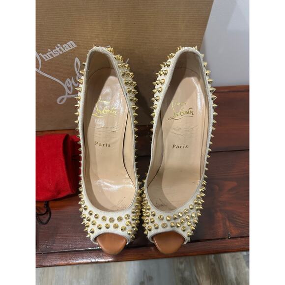 Christian Louboutin Lady Peep Spikes 150mm Heels -Size 38.5 - Craie Gold Studded - Picture 2 of 6
